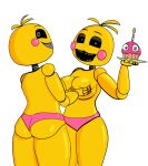  &lt;3 &lt;3_eyes 2022 animatronic anthro avian bird breast_grab breasts butt chica_(fnaf) chicken clothing cupcake duo female female/female five_nights_at_freddy&#039;s food galliform gallus_(genus) hand_on_breast hi_res impstripe looking_at_viewer looking_back looking_back_at_viewer machine open_mouth open_smile panties phasianid robot scottgames simple_background smile teeth underwear video_games white_background yellow_body 