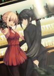  2girls :d alua black_hair black_jacket black_pants black_pantyhose blonde_hair copyright_name dress finger_on_trigger formal from_side gun handgun highres holding holding_gun holding_weapon inoue_takina jacket long_hair looking_at_viewer lycoris_recoil multiple_girls nishikigi_chisato pants pantyhose pointing_gun ponytail purple_eyes red_dress red_eyes short_hair sidelocks smile suit weapon 