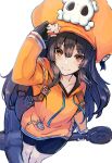  1girl anchor backpack bag bangs black_gloves black_shorts brown_eyes brown_hair cabbie_hat fingerless_gloves gloves guilty_gear hat jacket long_hair looking_at_viewer may_(guilty_gear) orange_headwear orange_jacket shorts skull_and_crossbones smile solo tomoe_no_kaminari white_background 