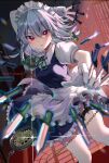  1girl apron blue_dress bow braid closed_mouth dress feet_out_of_frame fujiwara_aoi green_bow grey_hair hair_between_eyes hair_bow holding holding_knife izayoi_sakuya knife maid maid_apron maid_headdress puffy_short_sleeves puffy_sleeves red_eyes short_hair short_sleeves solo touhou twin_braids waist_apron white_apron 