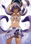  1girl armpits arms_up blue_eyes blue_hair breasts candace_(genshin_impact) cleavage dark-skinned_female dark_skin egyptian_clothes genshin_impact hair_ornament heterochromia highres holding holding_shield looking_at_viewer midriff mockingeu navel shield sidelocks skirt solo stomach water yellow_eyes 