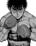  1boy boxing_gloves character_name closed_mouth collarbone fighting_stance greyscale hair_between_eyes hajime_no_ippo hatching_(texture) highres kimidake looking_at_viewer makunouchi_ippo male_focus monochrome muscular muscular_male serious simple_background solo sweat topless_male upper_body veins white_background 