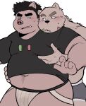 2022 anthro belly big_belly blush clothing duo embrace groping_from_behind hi_res hug hugging_from_behind humanoid_hands jockstrap kemono male male/male mammal moob_grab navel overweight overweight_male shirt simple_background suid suina sus_(pig) topwear underwear ursid whitebeast20 wild_boar 