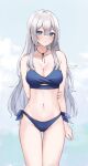 1girl arm_behind_back ass_visible_through_thighs bare_shoulders bikini blue_bikini blue_eyes borrowed_character breasts cleavage closed_mouth collarbone contrapposto cowboy_shot grey_hair groin hair_between_eyes highres jewelry kaetzchen large_breasts light_blush light_frown long_hair looking_at_viewer mole mole_under_eye navel necklace original sanyu_(ry_thae) side-tie_bikini_bottom sidelocks swimsuit thigh_gap very_long_hair 