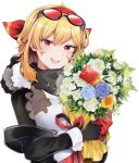  1girl 2022 bangs black_bodysuit black_gloves blonde_hair blue_flower bodysuit bouquet breasts eyewear_on_head flower gloves hairband highres holding holding_bouquet hololive hololive_indonesia kaela_kovalskia large_breasts looking_at_viewer mallet medium_hair mitsumine_(ookami_no_oyashiro) neck_warmer open_mouth red-tinted_eyewear red_eyes red_hairband smile solo tinted_eyewear two-tone_bodysuit upper_body virtual_youtuber white_background white_bodysuit white_flower yellow_flower 