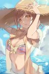  1girl arms_up bikini bikini_under_clothes blue_sky bow bracelet breasts brown_hair cleavage cloud commentary_request day frilled_bikini frills hand_on_headwear hat hat_bow highres hiiragi_ken idolmaster idolmaster_shiny_colors jewelry looking_at_viewer medium_breasts medium_hair navel open_clothes open_mouth open_shirt outdoors partially_submerged sakuragi_mano shirt short_sleeves sky solo stomach straw_hat swimsuit tareme wide_sleeves yellow_bow yellow_eyes yellow_shirt 