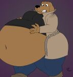  2020 4_fingers anthro belly big_belly big_butt black_clothing black_nose black_shirt black_topwear blue_bottomwear blue_clothing blue_pants bottomwear brown_belly brown_body brown_fur butt canid canine canis cleverfoxman clothing coat domestic_dog exposed_belly fingers footwear fur hands_on_belly hi_res hyper hyper_belly looking_down_at_self male mammal mcgruff_the_crime_dog navel pants purple_background shirt simple_background solo teeth thick_thighs topwear trenchcoat 