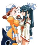  1990s_(style) 3girls apron artist_name bangs black_eyes black_hair blush breast_press breasts brown_eyes brown_hair cleavage cowboy_shot face-to-face final_romance_4 hat high_ponytail holding holding_pencil japanese_clothes juliet_sleeves large_breasts long_hair long_sleeves looking_at_another low-tied_long_hair maid medium_hair miko mob_cap multiple_girls non-web_source official_art pencil profile puffy_sleeves retro_artstyle ribbon-trimmed_sleeves ribbon_trim simple_background symmetrical_docking waist_apron white_apron white_background yoshizaki_mine 
