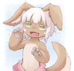  1other @_@ animal_ears blue_background brown_fur commentary_request fangs floppy_ears furrowed_brow furry green_eyes grey_hair hands_up highres made_in_abyss nanachi_(made_in_abyss) open_mouth other_focus pants pink_pants short_hair solo sukasshu_(mroooo) tail topless upper_body whiskers white_background 