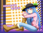  1girl belt blue_hair boots brown_footwear character_name contemporary denim from_side full_body hat highres hinanawi_tenshi jeans long_hair looking_at_viewer pants peach_hat_ornament rakkidei red_eyes sitting solo sweater touhou twitter_username 