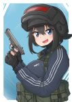  1girl :d absurdres bangs black_gloves black_hair black_headwear blue_background blue_eyes blue_jacket breasts commentary english_commentary fingerless_gloves gloves gun hair_between_eyes handgun hands_up helmet highres holding holding_gun holding_weapon jacket long_sleeves looking_at_viewer medium_breasts original smile solo srtdrawart tokarev_tt-33 track_jacket two-tone_background upper_body v-shaped_eyebrows weapon white_background 