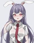  1girl animal_ears bangs blunt_bangs blush breasts full-face_blush grey_background hand_up highres long_hair medium_breasts necktie noyama_(prosiuttooishi) open_mouth pink_eyes purple_hair rabbit_ears red_necktie reisen_udongein_inaba shirt short_sleeves sketch solo touhou upper_body wing_collar 