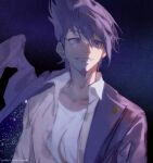  1boy black_background collarbone collared_shirt danganronpa_(series) danganronpa_v3:_killing_harmony facial_hair goatee gradient gradient_background grey_shirt grin highres jacket looking_to_the_side male_focus medium_hair momota_kaito open_clothes open_jacket open_shirt pink_eyes pink_jacket purple_background shirt smile solo spiked_hair starry_background teeth upper_body white_shirt yuzhou_pai_xiangyan 