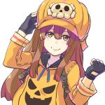  1girl bangs black_gloves brown_eyes brown_hair cabbie_hat fingerless_gloves gloves guilty_gear hair_between_eyes hat jack-o&#039;-lantern_print jacket long_hair looking_at_viewer may_(guilty_gear) orange_headwear orange_jacket skull_and_crossbones smile solo tomoe_no_kaminari upper_body white_background 