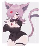  1girl animal_ears black_dress border breasts cat_ears cat_girl clarevoir commission dress espeon grey_background hair_over_one_eye highres humanization large_breasts looking_at_viewer multiple_tails nipples one_eye_closed open_mouth pointy_ears pokemon purple_eyes purple_hair smile solo tail thick_thighs thigh_strap thighs two_tails white_border 