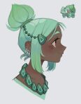  1girl bulbasaur closed_mouth dark-skinned_female dark_skin freckles green_hair hair_ornament hairclip highres jewelry necklace original ponytail portrait profile red_eyes simple_background smile solo sui_(suizilla) tooth_earrings white_background 