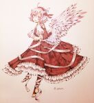  1girl adapted_costume ahoge animal_ears bird_ears bird_wings blush brown_dress brown_thighhighs dress egret feathered_wings frilled_dress frills full_body hair_between_eyes highres long_sleeves mystia_lorelei open_mouth pink_eyes pink_hair short_hair smile solo thighhighs touhou traditional_media twitter_username white_wings wings 