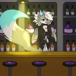  absurd_res alcohol anthro barrista bartender beverage big_tail canid canine canis cleaning clubhouse felid feline fluffy fluffy_tail fox fur grey_body grey_fur half_naked heterochromatic_ears heterochromatic_pawpads heterochromia hi_res huge_tail hybrid larger_male linkedwolve linky_(linkedwolve) looking_at_viewer looking_up lynx male male/male mammal size_difference solo wolf 