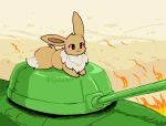  2022 ambiguous_gender armored_vehicle cute_expression destruction eevee feral fire fur generation_1_pokemon humor luxx lying nintendo on_front outside pokemon pokemon_(species) smile solo tank text tuft url vehicle video_games 