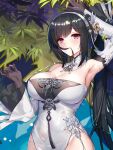  1girl armpits azur_lane bangs bare_shoulders bikini black_gloves black_hair breasts chen_hai_(azur_lane) cleavage detached_sleeves dress gloves hair_ornament headband large_breasts long_hair misheng_liu_yin out_of_frame partially_submerged pelvic_curtain plant purple_eyes solo swimsuit water white_dress 