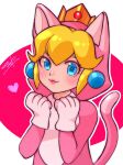  1girl animal_costume animal_ears blonde_hair blue_eyes bodysuit cat cat_costume cat_ears cat_peach cat_tail crown earrings hand_up happy heart highres jewelry looking_at_viewer mario_(series) nonoworks pink_background pink_bodysuit princess_peach short_hair smile solo super_mario_3d_world tail white_background 