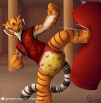  absurd_res anthro bodily_fluids claws countershading diaper dojo dreamworks english_text felid female fists_clenched genital_fluids hi_res kick kung_fu_panda mammal master_tigress one_leg_up pantherine patreon punching_bag raised_leg secret_desires solo spread_legs spreading text tiger training urine url watermark wet_diaper wetting whiskers 