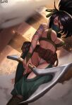  1girl absurdres akali arm_tattoo bag bangs black_hair breasts fog from_below green_pants green_ribbon hair_between_eyes hair_ribbon highres holding holding_weapon large_breasts league_of_legends long_hair looking_at_viewer luv5113 mask mouth_mask pants pink_eyes ponytail pouch ribbon rope_belt solo tattoo translation_request weapon 