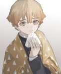  1boy agatsuma_zenitsu blonde_hair brown_eyes crying crying_with_eyes_open eyelashes fingernails food gradient gradient_background hair_between_eyes holding holding_food kimetsu_no_yaiba light_particles male_focus onigiri open_mouth patterned patterned_clothing rice slit_pupils soji_777 solo tears teeth triangle upper_body 