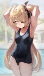  1girl absurdres adjusting_hair armpits arms_behind_head arms_up bare_arms bare_shoulders blonde_hair breasts chain collarbone contrapposto covered_navel fischl_(genshin_impact) genshin_impact green_eyes hair_over_one_eye highres long_hair looking_away one-piece_swimsuit outdoors pool small_breasts solo swimsuit torriet two_side_up very_long_hair wet 