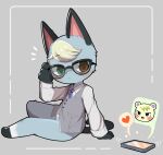  &lt;3 absurd_res animal_crossing anthro blonde_hair blush brown_eyes cellphone clothed clothing domestic_cat duo eyewear felid feline felis glasses green_eyes hair heterochromia hi_res male male/male mammal marshal_(animal_crossing) nintendo phone raymond_(animal_crossing) rodent sciurid simple_background video_games zsloth 