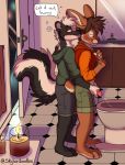  absurd_res anthro assisted_peeing barefoot bathroom blush bodily_fluids bottomwear brown_hair candle clothed clothing digital_media_(artwork) door drunk duo english_text feet flip_bunny genital_fluids genitals green_eyes hair hand_on_partner&#039;s_penis hi_res hindpaw hoodie inside lagomorph leporid lit_candle male male/male mammal mephitid niteskunk paws peeing peeing_into_toilet penis rabbit redfeatherstorm shaded shorts skunk speech_bubble substance_intoxication text topwear urine urine_stream yellow_eyes 