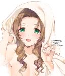  1girl aerith_gainsborough bangs bed_sheet blush breasts brown_hair cleavage dated final_fantasy final_fantasy_vii final_fantasy_vii_remake green_eyes hand_up highres holding holding_sheet krudears long_hair looking_at_viewer medium_breasts open_mouth parted_bangs pink_nails sidelocks smile solo topless twitter_username upper_body wavy_hair white_background 