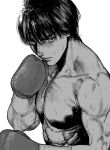  1boy boxing_gloves character_request closed_mouth collarbone fighting_stance greyscale hajime_no_ippo hatching_(texture) highres kimidake looking_at_viewer male_focus monochrome muscular muscular_male serious simple_background solo sweat topless_male upper_body veins white_background 