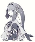  1girl armor brooch colored_skin fish_girl greyscale head_fins highres jewelry looking_at_viewer mipha monochrome monster_girl multicolored_skin neck_ring nomo96 one_eye_covered shoulder_armor smile solo the_legend_of_zelda the_legend_of_zelda:_breath_of_the_wild two-tone_skin upper_body white_background zora 