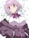  1girl absurdres bow bowtie breasts closed_mouth commentary_request gridman_universe hands_in_pockets highres jacket large_breasts looking_at_viewer orange_eyes pink_hair purple_bow purple_bowtie purple_jacket school_uniform shinjou_akane shirt short_hair smile solo ssss.gridman twitter_username upper_body white_background white_gorilla_(okamoto) white_shirt 