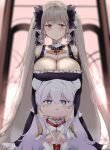  +_+ 2girls azur_lane between_breasts black_dress blue_eyes blush braid braided_bun breasts cleavage clothing_cutout double_bun dress feather_dress formidable_(azur_lane) frilled_dress frills gothic_lolita grey_hair hair_bun highres large_breasts le_malin_(azur_lane) lolita_fashion long_hair low_twin_braids multiple_girls open_mouth red_eyes ribbon tonchinkan twin_braids twintails two-tone_dress two-tone_ribbon underboob_cutout very_long_hair white_dress white_hair 