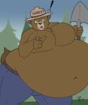  2020 5_fingers anthro belly big_belly big_butt black_nose blue_bottomwear blue_clothing blue_jeans blue_pants bottomwear brown_belly brown_belt brown_body brown_fur bulge butt chest_tuft cleverfoxman clothing denim denim_clothing english_text evergreen_tree exclamation_point fingers fist fur gesture hat headgear headwear hi_res holding_object holding_shovel holding_tool hyper hyper_belly inflation jeans looking_at_viewer male mammal navel open_mouth outside pants pine_tree pink_tongue plant pointing pointing_at_viewer ranger_hat shirtless_anthro shirtless_male shovel smokey_bear solo text text_on_clothing text_on_headwear thick_thighs tongue tools tree tuft ursid wide_eyed wide_hips 
