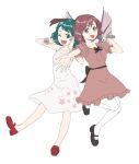  2girls animal_ears bird_ears bird_wings black_footwear blush brown_dress collarbone dog_ears dress frilled_dress frilled_sleeves frills green_eyes green_hair grey_eyes holding holding_microphone kasodani_kyouko kitano_(kitanosnowwhite) microphone multiple_girls mystia_lorelei one_eye_closed open_mouth pink_hair puffy_short_sleeves puffy_sleeves red_footwear shoes short_hair short_sleeves simple_background sketch smile thighhighs touhou white_background white_dress white_thighhighs white_wings wings 