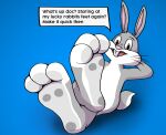  anthro big_feet buckteeth bugs_bunny cartoon_network cel_shading feet foot_fetish foot_focus fur grey_body grey_fur hands_behind_back hands_behind_head hi_res hindpaw kiwifizz lagomorph leporid looking_at_viewer looney_tunes male mammal open_mouth paws pink_nose rabbit shaded simple_background sitting small_tail solo teeth text warner_brothers whiskers white_body white_fur 