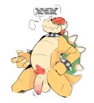  anthro balls boss bowser collar demanding digital_media_(artwork) genitals hair hi_res horn koopa leader male male_penetrating mario_bros musclegut nintendo nude penetration penis reptile scalie simple_background slightly_chubby smile sodacaps solo spikes text video_games 