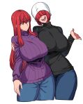  2girls biriri_(spacezin) breasts covered_nipples denim hair_over_eyes hat highres huge_breasts jeans main_(spacezin) multiple_girls open_mouth orange_eyes original pants red_hair ribbed_sweater siblings sisters smile spacezin sweatdrop sweater thick_thighs thighs turtleneck turtleneck_sweater 