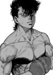  1boy boxing_gloves character_request collarbone greyscale hajime_no_ippo hatching_(texture) highres kimidake looking_at_viewer male_focus monochrome muscular muscular_male parted_lips serious simple_background solo sweat teeth topless_male upper_body veins white_background 