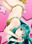  1girl absurdres animal_print aqua_hair bikini blue_eyes boots commentary_request cowboy_shot eyeshadow highres horns lum lying makeup nanao_futaba on_side oni_horns print_footwear solo starry_background strapless strapless_bikini swimsuit tiger_print urusei_yatsura yellow_bikini 