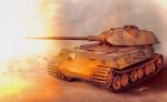  artist_name emblem firing ground_vehicle highres luger_oni-jun&#039;i military military_vehicle motor_vehicle no_humans original outdoors signature smoke tank tank_focus tiger_ii vehicle_focus 