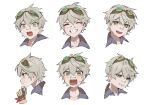  1boy @_@ bandaid bandaid_on_face bandaid_on_nose bennett_(genshin_impact) biting brown_gloves close-up closed_eyes closed_mouth collarbone crying crying_with_eyes_open expressions genshin_impact gloves goggles goggles_on_head green-tinted_eyewear green_eyes grey_hair hair_between_eyes highres lip_biting multicolored_clothes multicolored_gloves multiple_views open_mouth profile simple_background smile soji_777 surprised sweat tears teeth thinking tinted_eyewear tongue two-tone_gloves upper_body white_background wide-eyed 