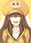  1girl bangs brown_hair cabbie_hat closed_eyes collarbone guilty_gear happy hat highres jacket long_hair may_(guilty_gear) open_mouth orange_headwear orange_jacket skull_and_crossbones solo teeth tomoe_no_kaminari upper_body 