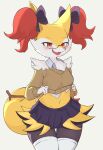  2022 absurd_res anthro black_body black_fur blush bottomwear bow_accessory braixen breasts canid canine clothed clothing clothing_lift cute_fangs eyewear female female_anthro fur generation_6_pokemon glasses hi_res inner_ear_fluff kemono legwear looking_at_viewer mammal midriff multicolored_body multicolored_fur navel nintendo open_mouth pink_nose pokemon pokemon_(species) portrait pupils red_body red_fur school_uniform shirt shirt_collar simple_background skirt slit_pupils small_breasts solo sweater thigh_highs three-quarter_portrait tongue topwear tuft uniform video_games white_background white_body white_fur wide_hips yellow_body yellow_fur yoru_vida 