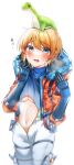  1girl absurdres animification apex_legends blue_gloves blue_sweater blush bodysuit breasts clothes_lift embarrassed gloves highres hood hooded_jacket jacket medium_breasts navel nessie_(respawn) nitogebeto on_head open_mouth orange_jacket ribbed_sweater scar scar_on_cheek scar_on_face short_hair solo stuffed_toy sweatdrop sweater sweater_lift underboob wattson_(apex_legends) white_background white_bodysuit 