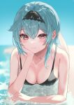  1girl absurdres aqua_hair asymmetrical_hair bangs bare_arms bare_shoulders beach bikini black_bikini black_hairband blurry blurry_background blush breasts brown_eyes cheek_rest cleavage closed_mouth crossed_bangs eula_(genshin_impact) feet_up genshin_impact hairband highres looking_at_viewer lying medium_breasts medium_hair ocean on_stomach sand sidelocks smile solo swimsuit syotaisverycute water 