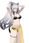  1girl animal_ears arknights armpits arms_up bangs bare_arms bare_shoulders bikini black_bikini black_choker breasts cat_ears cat_tail choker cleavage commentary cowboy_shot eugle_na grey_hair hair_tie_in_mouth highres large_breasts long_hair mouth_hold navel ponytail sarong schwarz_(arknights) simple_background solo standing stomach swimsuit tail thigh_strap thighs very_long_hair white_background yellow_eyes 
